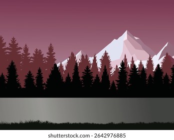 A minimalist landscape illustration featuring silhouetted pine trees in the foreground, calm water reflecting the scene, and snow-capped mountains under a unique reddish-purple sky