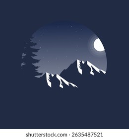 A minimalist landscape illustration of a mountain range under a full moon. The scene is dominated by shades of blue, creating a serene and nocturnal atmosphere