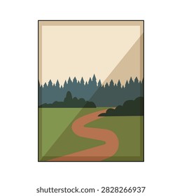 Minimalist landscape illustration presenting a winding dirt path traveling across a green field towards a dense forest line under a soft, clear sky