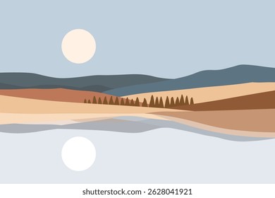 Paisagem Minimalista com Reflexão do Lago em Tons da Terra - Ilustração Plana da Natureza Vetorial. Moderna paisagem vetorial minimalista com montanhas, floresta e reflexão de lago. 
