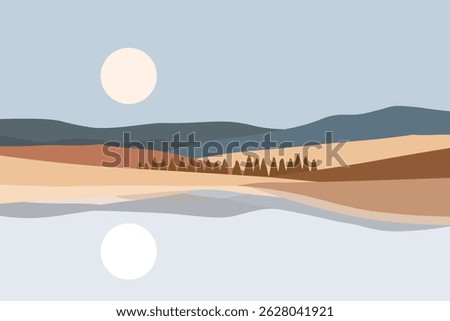 Minimalist Landscape with Lake Reflection in Earth Tones – Flat Vector Nature Illustration. Modern minimalist vector landscape with mountains, forest, and lake reflection. 
