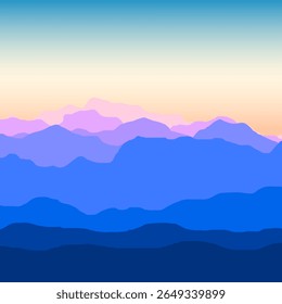 minimalist landscape of layered blue and purple mountains under a soft gradient sky