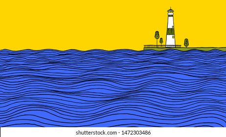 Minimalist landscape line art ink drawing, sea waves with lighthouse behind