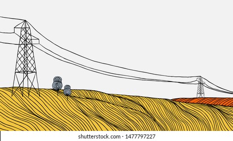 Minimalist landscape line art ink drawing, transmission towers on the hill