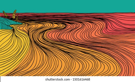 Minimalist landscape line art ink drawing, sea waves and small island