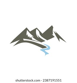 Logo paisajístico minimalista con colinas, montañas y ríos