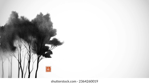 Minimalist  landscape with misty black trees on white background. Traditional oriental ink painting sumi-e, u-sin, go-hua. Translation of hieroglyph - eternity