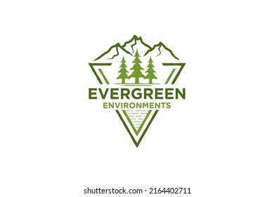 Minimalist Landscape Mountain, Hills Peaks Pine Tree River Creek Simple logo design Vector