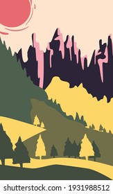 Paisaje minimalista de pinos de montaña y diseño solar, naturaleza y tema exterior Ilustración vectorial
