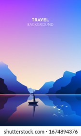 Minimalist landscape. Mountains near the water. Vector image of mountains on background of lakes, sea, ocean. Reflection in water. Boat with sail. Abstract illustration for travel, adventure, climbing