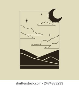 Minimalist landscape with mountains at the night. Aesthetic desert silhouette 2d vector artwork. Badge, emblem