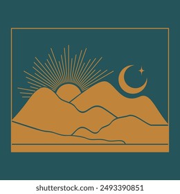 Minimalist landscape with mountains at the night. Aesthetic desert silhouette 2d vector artwork.