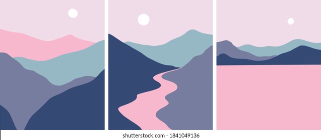 Minimalist landscape mountains river lake vector set