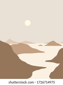 minimalist landscape, mountains and river scenery, neutral colors brown and beige color palette, vector illustration