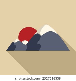Minimalist landscape with mountains and sun shining in flat design with long shadow