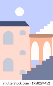 Minimalist landscape of the old city. Summer boho architecture design for souvenir shops, travel agency advertising, contemporary poster, t shirt print etc.