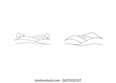 Minimalist Landscape Outline Illustration With Hills And Trees For Design Projects
