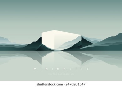 Minimalist landscape poster with ancient glacier over mirror water reflection. North nature scene with ice mountain and sea bay. Hand drawn flat color vector illustration. Northern lands painting