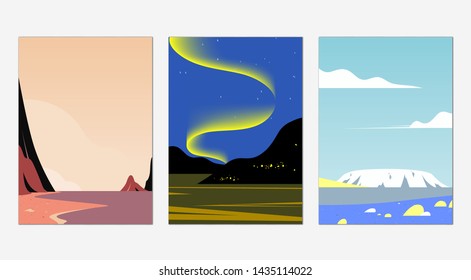 Minimalist landscape poster design, beach, aurora and snow mountain