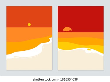 Minimalist landscape poster design, beach and sunset in warm tone