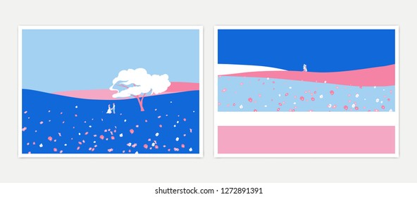 Diseño minimalista de afiches paisajísticos, campo de flores de pareja y cosmos en pequeñas colinas, tonos azules y rosas.