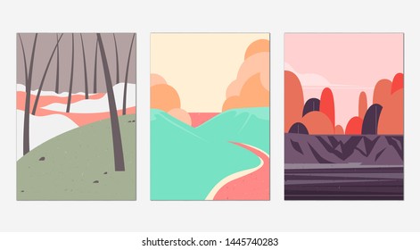 Minimalist landscape poster design, forest, river and river bank