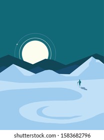 Minimalist landscape poster design, hiking on polar landscape, adventure on nordic winter scenery  poster,flyer ,space for copy