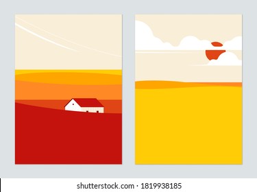 Minimalist landscape poster design, house on the hill and big sun on the sky in warm tone