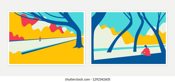 Minimalist landscape poster design, lonely man in park, blue and yellow tones