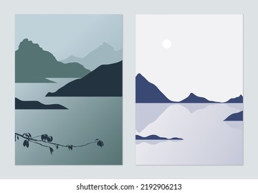 Minimalist landscape poster design, moody island in the sea