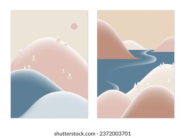 Minimalist landscape poster design, mountains and sea