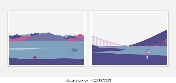 Minimalist landscape poster design, people relaxing and enjoying beautiful view of lake and mountains, blue and pink tones