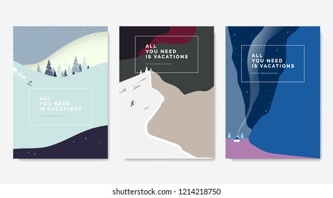 Minimalist landscape poster design, skier skiing downhill on mountain, man climbing snow mountain, small house between mountains at night