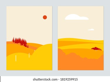 Minimalist landscape poster design, small forest on small hills in warm tone