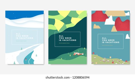 Minimalist landscape poster design, snow mountains, rice fields and village, village and islands