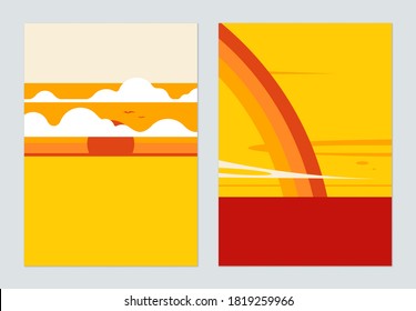 Minimalist landscape poster design, sunset and rainbow over the sea in warm tone