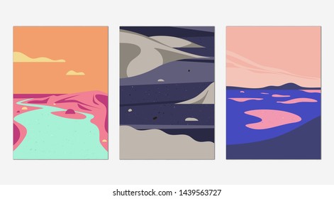 Minimalist Landscape Poster Design, Waterfall, Plateau And Marsh