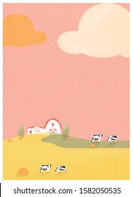 Minimalist landscape poster design,a spring or summer scenery landscape, small house on the organic cattle farm, countryside farm with mountains and small house on the hill with clouds