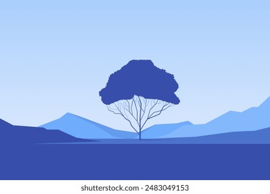 Minimalist landscape poster with lonely tree on island against mountain. Wild nature scene hand drawn painting. Lake and cliffs at twilight art wallpaper for prints and decoration. Vector illustration