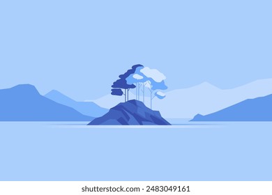 Cartel minimalista del paisaje con el árbol solitario en la isla contra la montaña. Escena de la naturaleza salvaje dibujado a mano. Lago y acantilados en el Fondo de pantalla de arte crepuscular para estampados y decoración. Ilustración vectorial