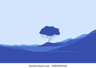 Cartel minimalista del paisaje con el árbol solitario en la isla contra la montaña. Escena de la naturaleza salvaje dibujado a mano. Lago y acantilados en el Fondo de pantalla de arte crepuscular para estampados y decoración. Ilustración vectorial