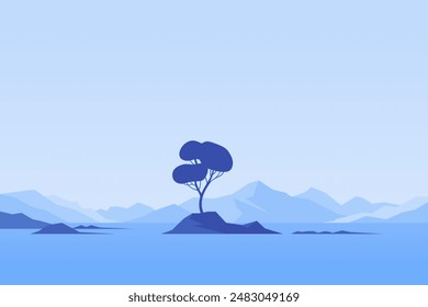 Cartel minimalista del paisaje con el árbol solitario en la isla contra la montaña. Escena de la naturaleza salvaje dibujado a mano. Lago y acantilados en el Fondo de pantalla de arte crepuscular para estampados y decoración. Ilustración vectorial