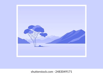 Cartel minimalista del paisaje con el árbol solitario en la isla contra la montaña. Escena de la naturaleza salvaje dibujado a mano. Lago y acantilados en el Fondo de pantalla de arte crepuscular para estampados y decoración. Ilustración vectorial