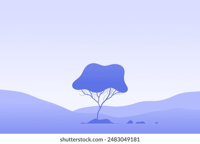 Minimalist landscape poster with lonely tree on island against mountain. Wild nature scene hand drawn painting. Lake and cliffs at twilight art wallpaper for prints and decoration. Vector illustration