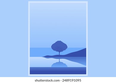 Cartel minimalista del paisaje con el árbol solitario en la isla contra la montaña. Escena de la naturaleza salvaje dibujado a mano. Lago y acantilados en el Fondo de pantalla de arte crepuscular para estampados y decoración. Ilustración vectorial