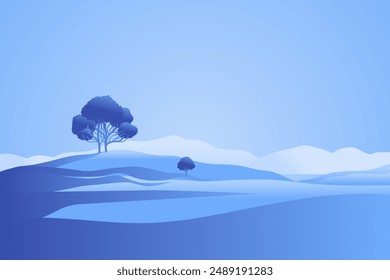 Minimalist landscape poster with lonely tree on island against mountain. Wild nature scene hand drawn painting. Lake and cliffs at twilight art wallpaper for prints and decoration. Vector illustration