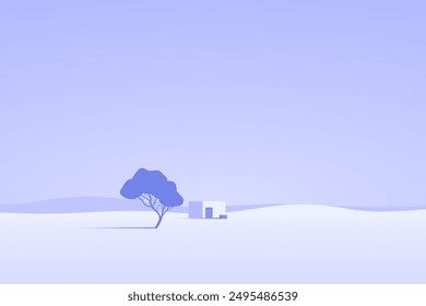 Minimalist landscape poster with lonely tree on island against mountain. Wild nature scene hand drawn painting. Lake and cliffs at twilight art wallpaper for prints and decoration. Vector illustration