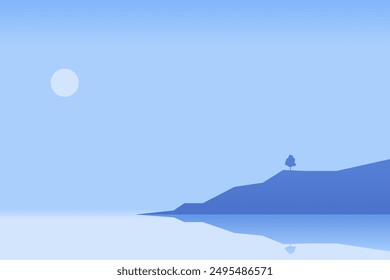 Cartel minimalista del paisaje con el árbol solitario en la isla contra la montaña. Escena de la naturaleza salvaje dibujado a mano. Lago y acantilados en el Fondo de pantalla de arte crepuscular para estampados y decoración. Ilustración vectorial