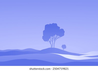 Minimalist landscape poster with lonely tree on island against mountain. Wild nature scene hand drawn painting. Lake and cliffs at twilight art wallpaper for prints and decoration. Vector illustration