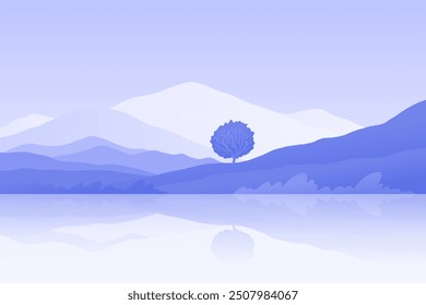 Minimalist landscape poster with lonely tree on island against mountain. Wild nature scene hand drawn painting. Lake and cliffs at twilight art wallpaper for prints and decoration. Vector illustration
